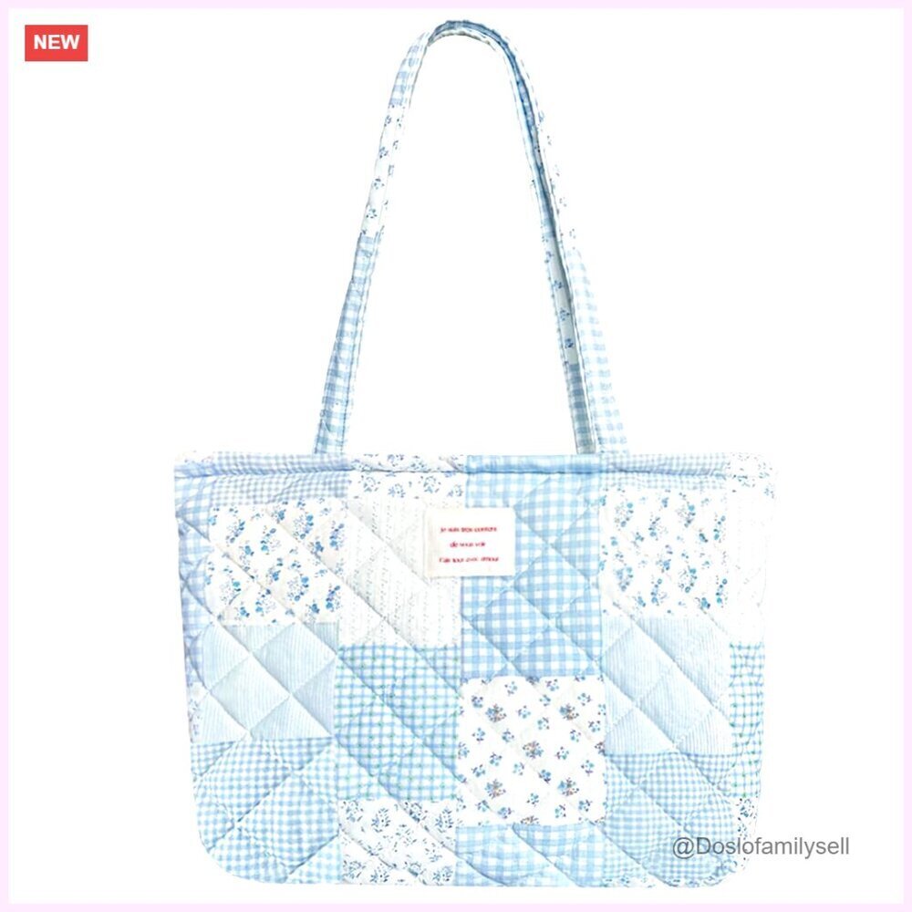 Quilted Cotton Tote Bag with Zipper Closure for Women